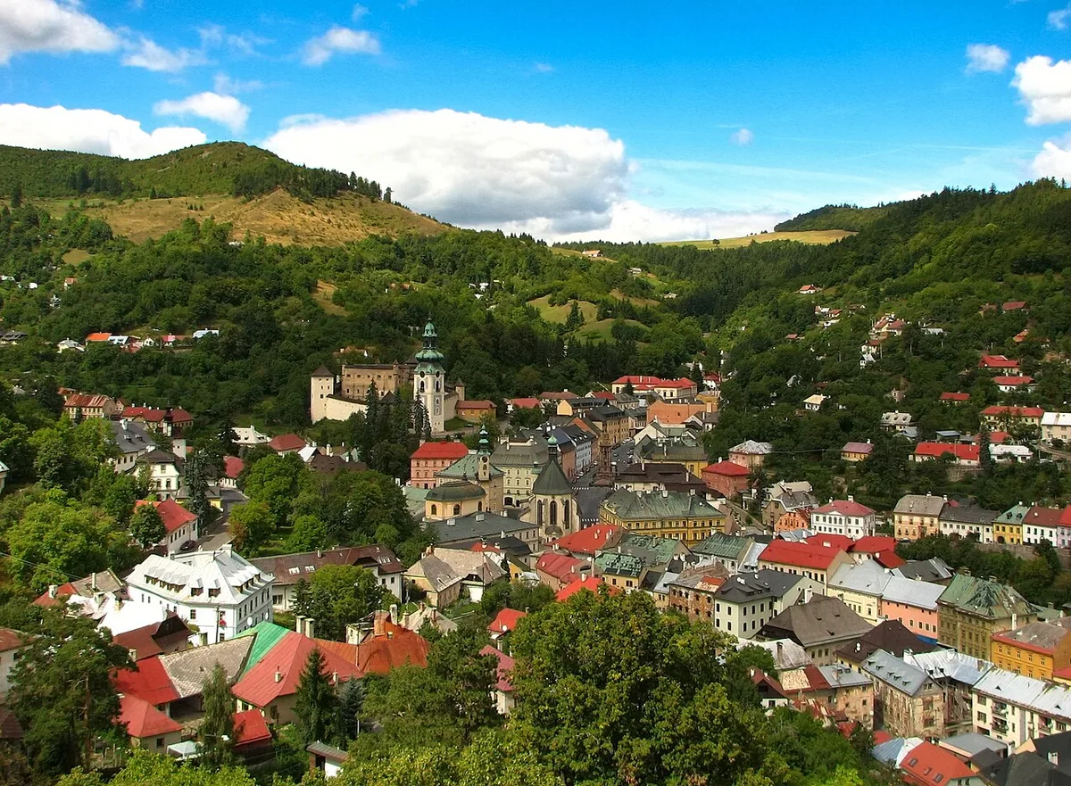 Uitzicht over de daken van Banská Štiavnica vanaf het Nieuwe Kasteel, met beboste heuvels rondom de stad.